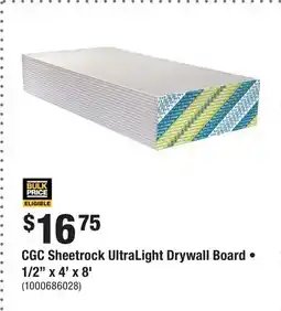 Home Depot CGC Sheetrock UltraLight Drywall Board • 1/2 x 4' x 8' offer