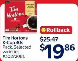 Walmart Tim Hortons K-Cup 30s Pack. Selected varieties offer