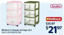 Walmart Sterilite medium 3-drawer storage cart offer