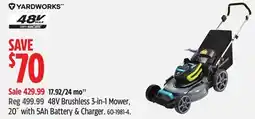 Canadian Tire YARDWORKS 48V Brushless 3-in-1 Mower, 20 with 5Ah Battery & Charger offer