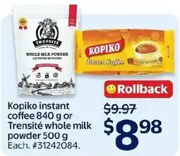 Walmart Kopiko instant coffee or Trensite whole milk powder offer