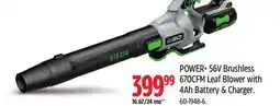 Canadian Tire POWER+ 56V Brushless 670CFM Leaf Blower with 4AH Battery & Charger offer