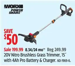 Canadian Tire WORX 20V Nitro Brushless Grass Trimmer, 15 with 4Ah Pro Battery & Charger offer