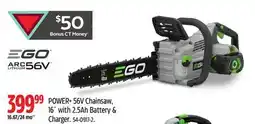 Canadian Tire EGO POWER+ 56V Chainsaw, 16˝ with 2.5Ah Battery & Charger offer