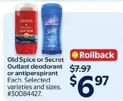 Walmart Old Spice or Secret Outlast deodorant or antiperspirant offer