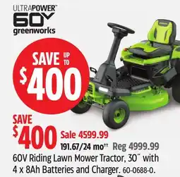Canadian Tire Greenworks 60V Riding Lawn Mower Tractor, 30˝ with 4 x 8Ah Batteries and Charger offer