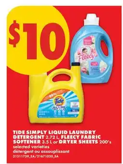 No Frills TIDE SIMPLY LIQUID LAUNDRY DETERGENT, 2.72 L, FLEECY FABRIC SOFTENER, 3.5 L OR DRYER SHEETS, 200'S offer