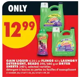 No Frills GAIN LIQUID, 4.25 L or FLINGS, 42's LAUNDRY DETERGENT, BEADS, 598/680 g or DRYER SHEETS, 240's offer