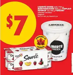 No Frills LIBERTÉ GREEK, 650/750 G, MÉDITERRANÉE, 900 G OR YOPLAIT SOURCE, 16x100 G YOGURT offer