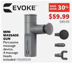 Sports Experts EVOKE MINI MASSAGE GUN Percussive massage device, 4 massage heads included offer