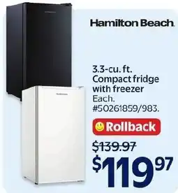 Walmart Hamilton Beach compact fridge with freezer offer