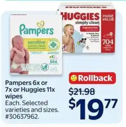 Walmart Pampers 6x or 7x or Huggies 11x wipes offer