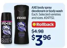 Walmart AXE Body Spray, Deodorant or Body Wash offer