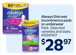 Walmart Always Discreet Incontinence Pads or Underwear offer