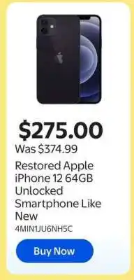 Walmart Restored Apple iPhone 12 64GB offer