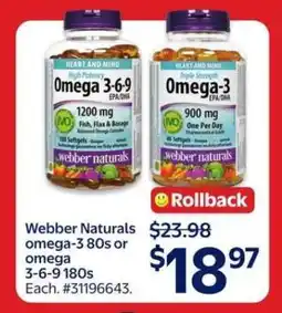 Walmart Webber Naturals Omega-3 80s or Omega 3-6-9 180s offer