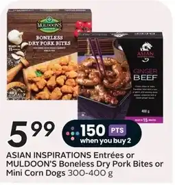 Sobeys Asian inspirations entrées or muldoon's boneless dry pork bites or mini corn dogs offer