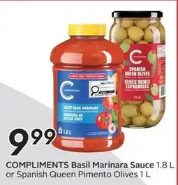 Sobeys Compliments Basil Marinara Sauce or Spanish Queen Pimento Olives offer