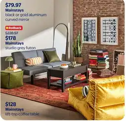 Walmart Mainstays black or gold aluminum curved mirror offer