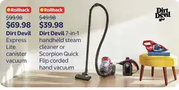 Walmart Dirt Devil 7-in-1 handheld steam cleaner or Scorpion Quick Flip corded hand vacuum offer