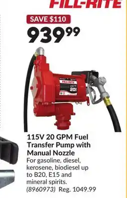 Princess Auto 115V 20 GPM Fuel Transfer Pump with Manual Nozzle offer