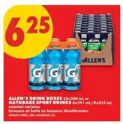 No Frills ALLEN'S DRINK BOXES or GATORADE SPORT DRINKS offer