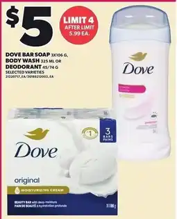 Loblaws Dove bar soap body wash or deodorant offer