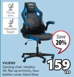 JYSK VOJENS Gaming chair, stepless tilt, flip-up armrests, faux leather cover, black/blue offer