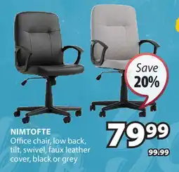JYSK NIMTOFTE Office chair, low back, tilt, swivel, faux leather cover, black or grey offer