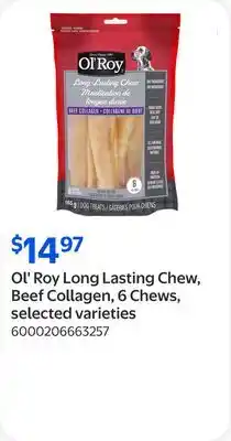 Walmart Ol' Roy Long Lasting Chew, Beef Collagen, 6 Chews, selected varieties offer