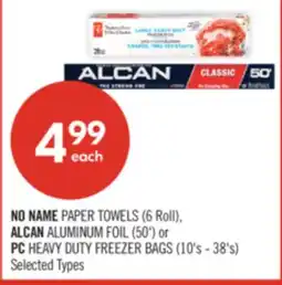 Shoppers Drug Mart NO NAME PAPER TOWELS (6 Roll), ALCAN ALUMINUM FOIL (50') or PC HEAVY DUTY FREEZER BAGS (10's - 38's) offer