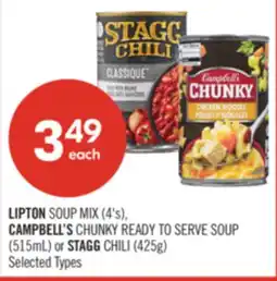 Shoppers Drug Mart LIPTON SOUP MIX (4's), CAMPBELL'S CHUNKY READY TO SERVE SOUP (515mL) or STAGG CHILI (425g) offer