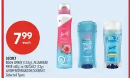 Shoppers Drug Mart SECRET BODY SPRAY (116g), ALUMINUM FREE (68g) or OUTLAST (73g) ANTIPERSPIRANT/DEODORANT offer