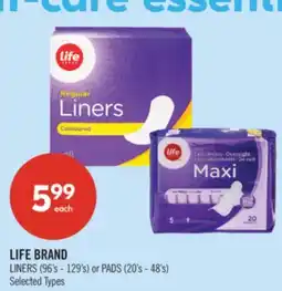 Shoppers Drug Mart LIFE BRAND LINERS (96's - 129's) or PADS (20's - 48's) offer