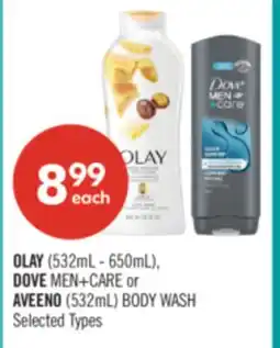 Shoppers Drug Mart OLAY (532mL - 650mL), DOVE MEN+CARE or AVEENO (532mL) BODY WASH offer