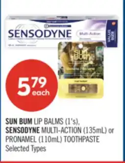 Shoppers Drug Mart SUN BUM LIP BALMS (1's), SENSODYNE MULTI-ACTION (135mL) or PRONAMEL (110mL) TOOTHPASTE offer