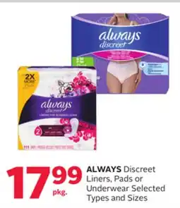 Rexall ALWAYS Discreet Liners, Pads or Underwear offer