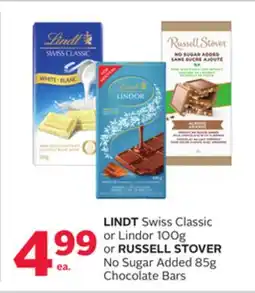 Rexall LINDT Swiss Classic or Lindor 100g or RUSSELL STOVER No Sugar Added 85g Chocolate Bars offer