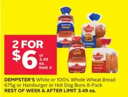 Rexall DEMPSTER'S White or 100% Whole Wheat Bread 675g or Hamburger or Hot Dog Buns 8-Pack offer