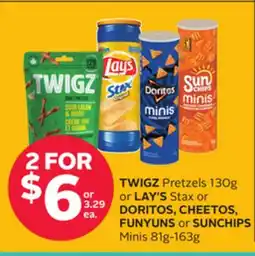 Rexall TWIGZ Pretzels 130g or LAY'S Stax or DORITOS, CHEETOS, FUNYUNS or SUNCHIPS Minis 81g-163g offer