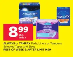 Rexall ALWAYS or TAMPAX Pads, Liners or Tampons offer