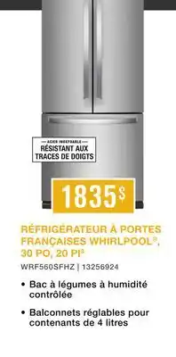 Leon's Whirlpool Réfrigérateur 20,0 pi³ avec porte à deux battants inox WRF560SFHZ offer