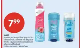 Pharmaprix SECRET Body Spray (116 mL), Aluminum-Free (68 g) or OUTLAST (73 g) Antiperspirant/Deodorant offer