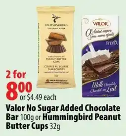 London Drugs Valor no sugar added chocolate bar or hummingbird peanut butter cups offer