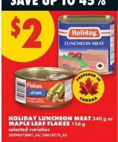 No Frills Holiday luncheon meat maple leaf flakes offer