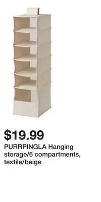 IKEA PURRPINGLA Hanging storage/6 compartments, textile/beige offer