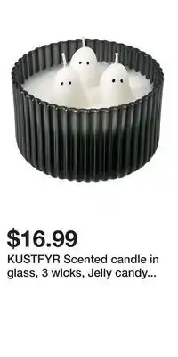 IKEA KUSTFYR Scented candle in glass, 3 wicks, Jelly candy ghost/black/white offer