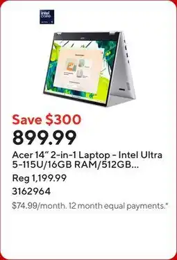 Staples Acer 14 2-in-1 Laptop - Intel Ultra 5-115U/16GB RAM/512GB SSD/Touchscreen/Windows 11 offer