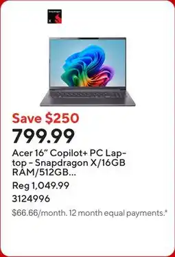 Staples Acer 16 Copilot+ PC Laptop - Snapdragon X/16GB RAM/512GB SSD/Windows 11 offer