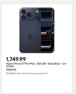 Staples Apple iPhone 17 Pro Max - 256 GB - Deep Blue - Unlocked offer